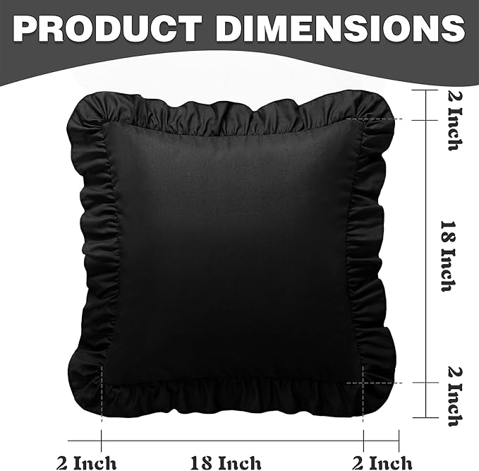 KKJIAF 2 Pack Ruffle Pillow Cases 18x18 Inches, Black | Square Ruffled Pillow Covers, Microfiber Wrinkle Resistant Pillow Shams with Envelope Closure for Sofa Bed Living Room