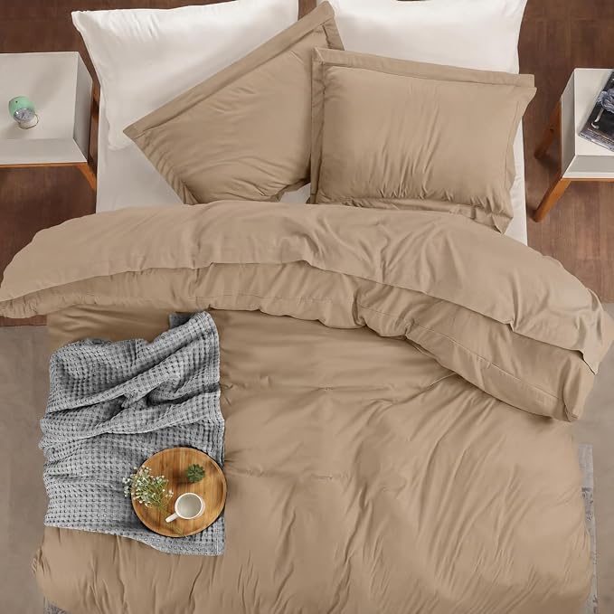 Duvet Cover Queen, 3 Piece Cotton Like Polyester With Zipper Closure, Sand | Extra Soft and Breathable, Wrinkle & Fade Resistant, Includes Duvet Cover and 2 Pillow Shams, Comforter Not Included, OekoTex