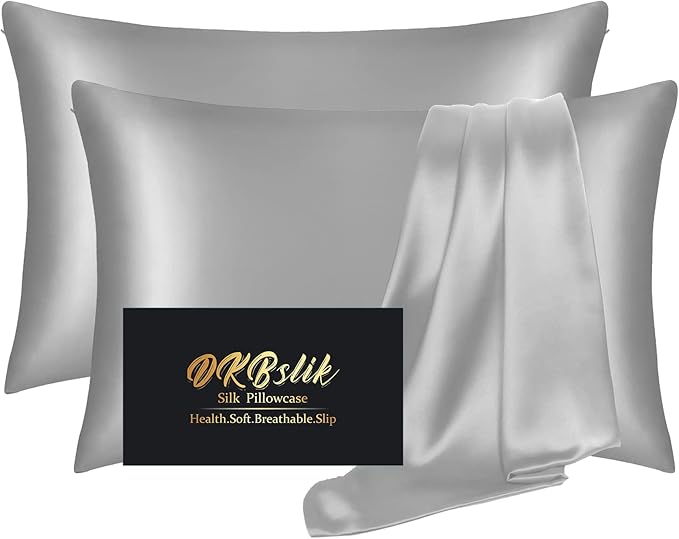 Silk Pillowcase 2 Pack, Mulberry Silk Pillow Cases Queen Size Set of 2, Anti Acne Silk Pillowcase for Hair and Skin, Natural Silk Satin Pillowcases Gifts for Women Men 2 Pack with Hidden Zipper, Grey