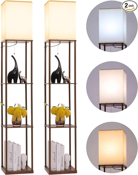 Gupuzm Floor Lamp with Shelves, Modern Square Standing Lamp with 3 Color Temperature Bulb, Corner Display Bookshelf Lamp for Living Room, Bedroom and Office(Brown-2 Pack)