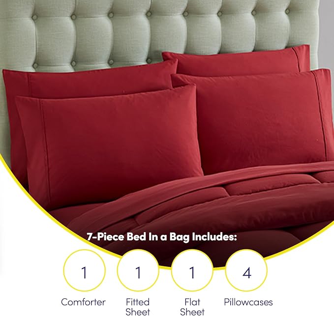 RV Short Queen Comforter Set for RV Camper - Comforter Set with Fitted & Flat Sheet, 4 Pillowcases - Tailored for RV Short Queen Beds - Cozy Essentials for Your RV Bedroom, Burgundy