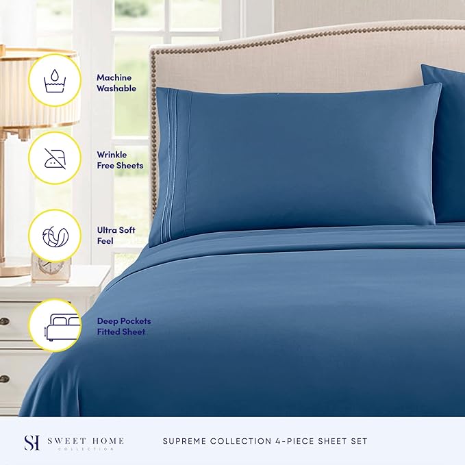 Twin Sheets - Breathable Luxury Sheets with Full Elastic & Secure Corner Straps Built In - 1800 Supreme Collection Extra Soft Deep Pocket Bedding Set, Sheet Set, EXTRA DEEP pocket - Twin, Denim