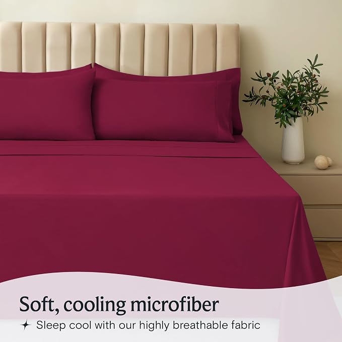 Twin Size Sheets Set, Cooling & Soft Deep Pocket Bed Sheets, 3PC | LUXCLUB Cooling Twin Size Fitted Sheet & Pillowcase Sets, Breathable Hotel Luxury Bedding Wrinkle Free, Burgundy