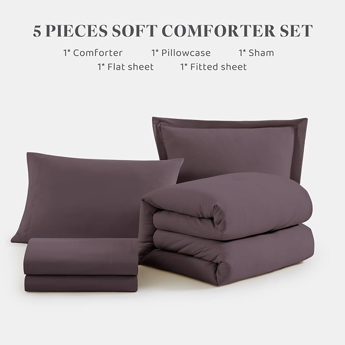 Twin XL Comforter Set- 5 Pieces Prewashed Bed in a Bag Twin Bedding Sets | Soft All Season Comforter with Sheets, Pillow Sham & Pillowcase, Artic Plum