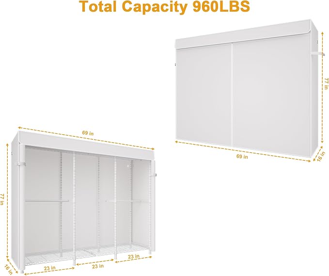 ULIFHOME E14C Pro Heavy Duty Closet Organizer System，Freestanding Clothing Racks for Hanging Clothes，Adjustable Garment Rack 69" W × 16" D × 77" H Hold 960 lbs，White Rack with White Dustproof Cover