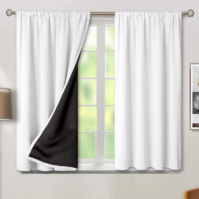 BGment White Blackout Curtains for Bedroom 45 Inch Long 2 Panels | Thermal Insulated Black Out Curtains, Room Darkening Soundproof, Rod Pocket Window Curtains for Living Room, 42 x 45 Inch