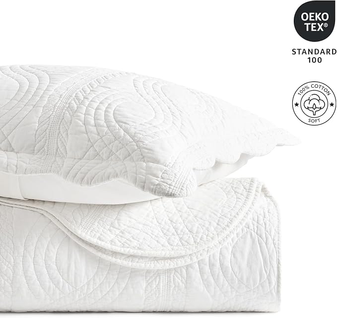 100% Cotton Scallop Quilt Set, Queen Size, Bright White | Scalloped Border, Timeless Chic Aesthetic, All-Season Comfort, Perfect French Country Bedroom Decor, 3 Piece Set with 2 Shams