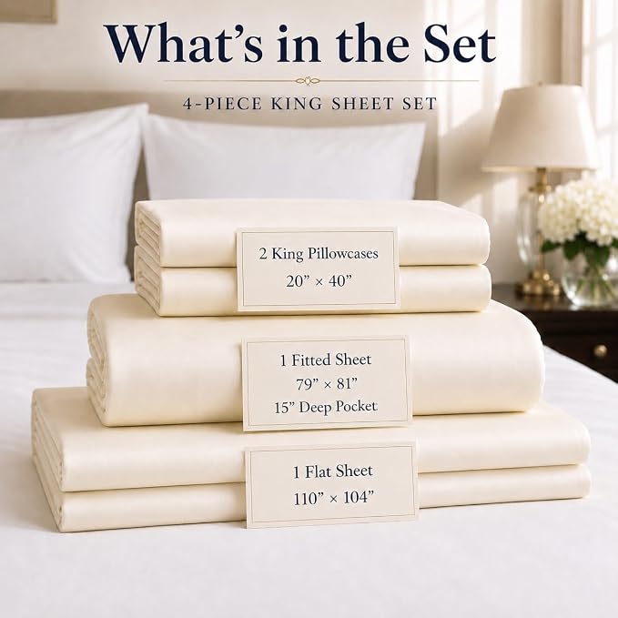 Egyptian Cotton King Size Sheets Set, Sateen Weave King Sheets Set - Ivory | 15" Deep Pocket Sheet & Pillowcases, 800 Thread Count, 4-Piece, Silky Soft & Naturally Cooling, OEKO-TEX Certified Bedding
