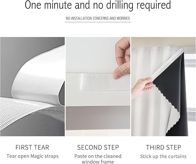 AJAZZ 100% Blackout Shades Window Cover Self Adhesive Curtains Sticky Curtain Portable Easy Open Black Out Curtains for Bedroom Living Room No Drilling (White, 35" W x 71" L 1 Panel)