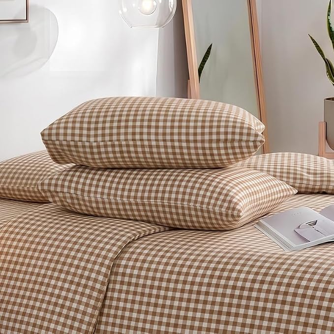 NEXHOME PRO Tan Gingham Duvet Cover King, 100% Washed Cotton Like Linen Feel Organic Natural Bedding Set 3 Piece Brown Vintage Plaid Checkered Comforter Cover Set (No Comforter) 10490