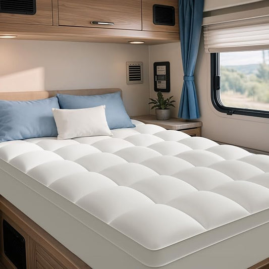 ELEMUSE RV Short Queen Mattress Topper, Thick Pillow Top Mattress Pad | Plush comfort with overfilled fill. Deep pocket fits RV short queen beds, an RV essential for campers and travel trailers