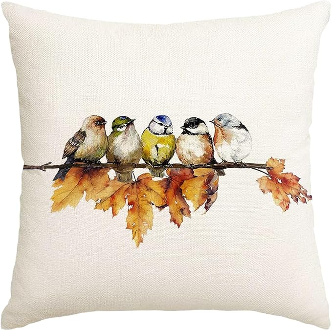 RABUSOFA Fall Pillow Covers 18x18 Inch Watercolor Bird Autumn Decorations for Home Outdoor Thanksgiving Decor Maple Leaf Decorative Throw Pillow Cases Farmhouse for Couch Sofa