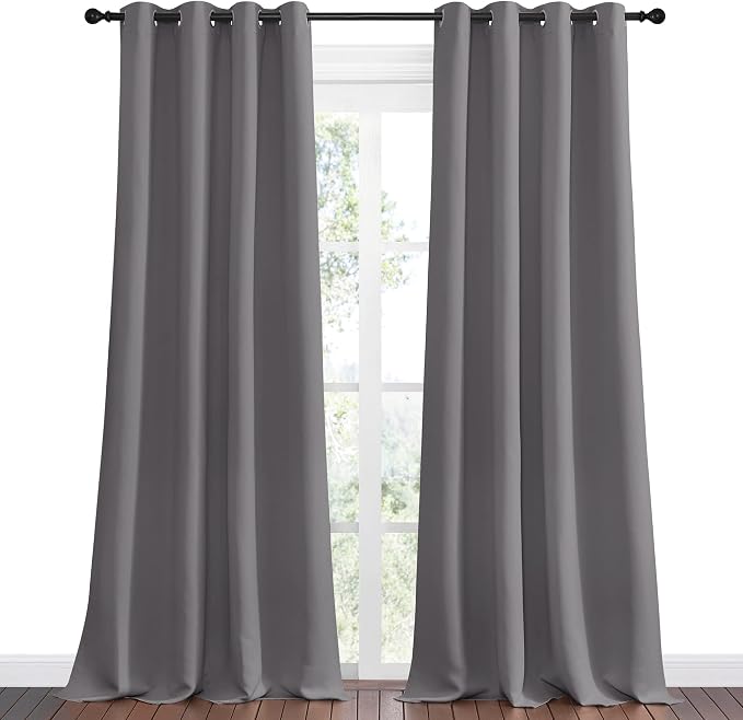 NICETOWN Bedroom Blackout Curtains Panels, 1 Pair, 55 x 108-inch, Grey | Triple Weave Energy Saving Thermal Insulated Solid Grommet Blackout Draperies for Patio