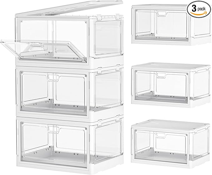 Kmiectse Clear Storage Bins with Lids 3 Pack 【Stackable & Sturdy】 | Plastic Multifunctional Folding Storage Bins for Bedroom, Living Room, Study,Room, 23 QT Folding Box with Magnetic Door