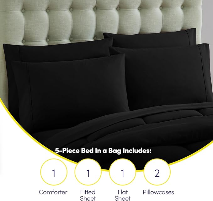 Sweet Home Collection 5 Piece Comforter Set Bag Solid Color All Season Soft Down Alternative Blanket & Luxurious Microfiber Bed Sheets, Black, Twin