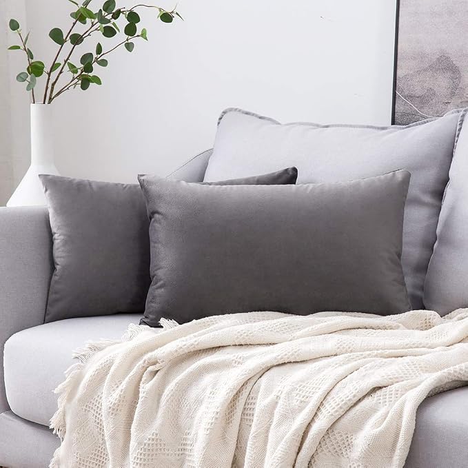 MIULEE 12x20 Inch Lumbar Velvet Throw Pillow Covers Medium Gray | Pack of 2 Soft Solid Decorative Pillow Covers, Modern Luxury Home Decor, for Chair Couch Sofa Bedroom Livingroom