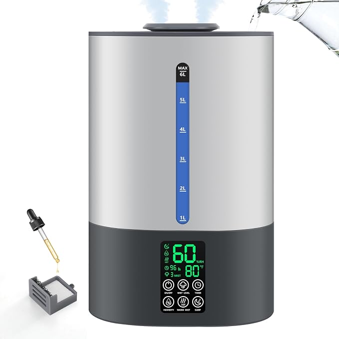 Coolfiqu 6L Warm & Cool Mist Humidifiers for Bedroom,Large Room,Plants | Quiet Top Fill Ultrasonic Humidifier,Essential Oil Diffuser, Auto Humidity Control,Hot Mist Desk Humidifiers,360° Nozzle