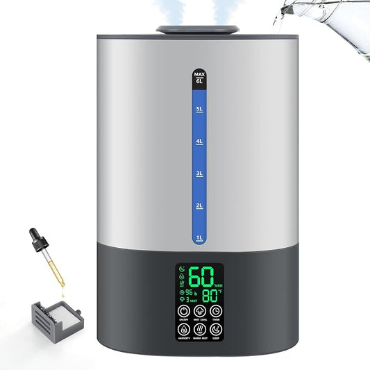 Coolfiqu 6L Warm & Cool Mist Humidifiers for Bedroom,Large Room,Plants | Quiet Top Fill Ultrasonic Humidifier,Essential Oil Diffuser, Auto Humidity Control,Hot Mist Desk Humidifiers,360° Nozzle
