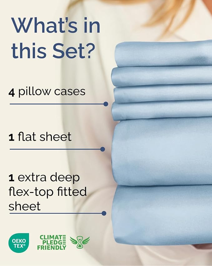 Extra Deep Flex Top Split Head King Sheet Set - 6 Piece Breathable and Cooling Sheets - Hotel Luxury Bedding for Women, Men, Kids & Teens - Easy Secure Fit - Extra Deep Pockets - Sky Blue
