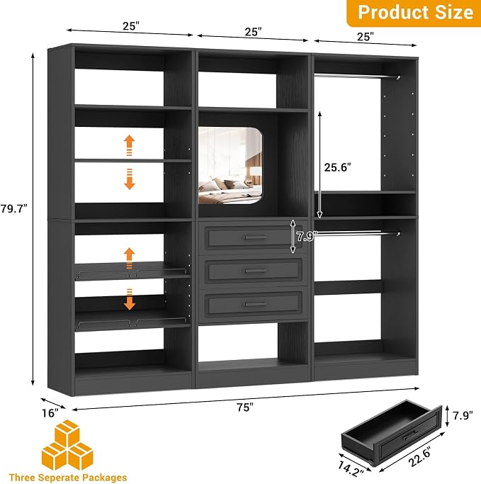 Unikito 75" Modular Closet System with 3 Sets, Mirror & Drawers, Black | Hanging Rods & Adjustable Shelves, Freestanding Wood Wardrobe Garment Rack, Walk in Tower Clothes Storage Organizer Unit