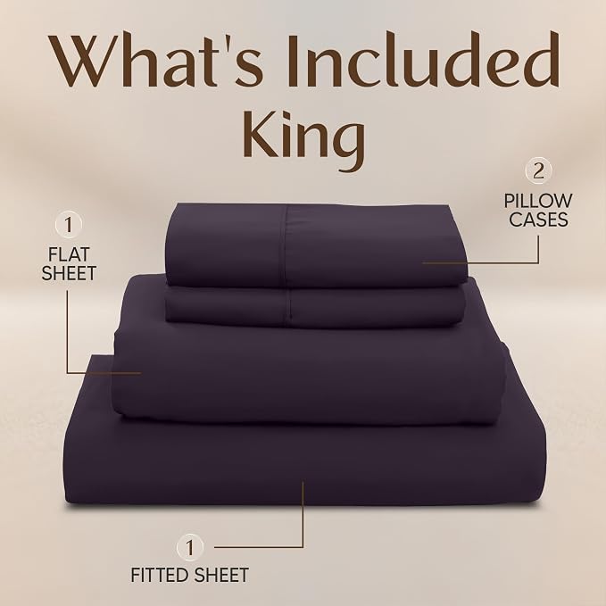 King Sheets Set, 4 Pieces 16" Deep Pocket Hotel Luxury Sheets, Dark Purple | Extra Soft Bedsheet Set, Comfy & Breathable Cooling Sheets, Wrinkle & Fade Resistant, Fitted Sheet, Flat Sheet, 2 Pillowcases