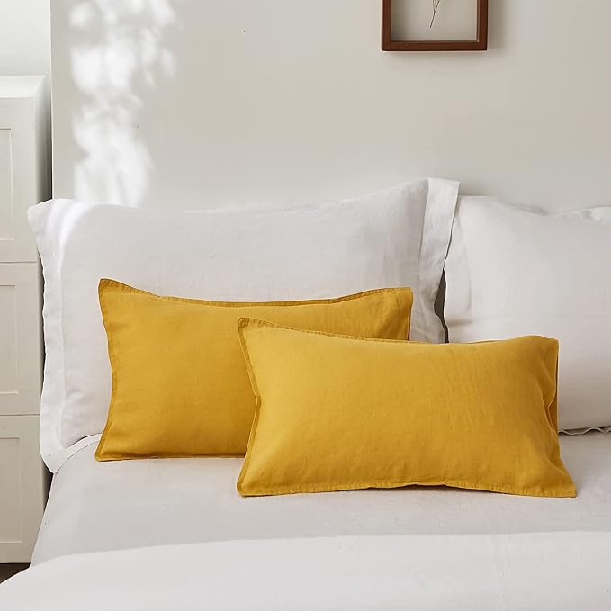 Simple&Opulence 100% Linen Lumbar Pillow Cover 12 x 20 Inches Set of 2 Rectangular Decorative Throw Cushion Cover for Couch Sofa Bed Living Room Office Soft Breathable Farmhouse - Mustard Yellow