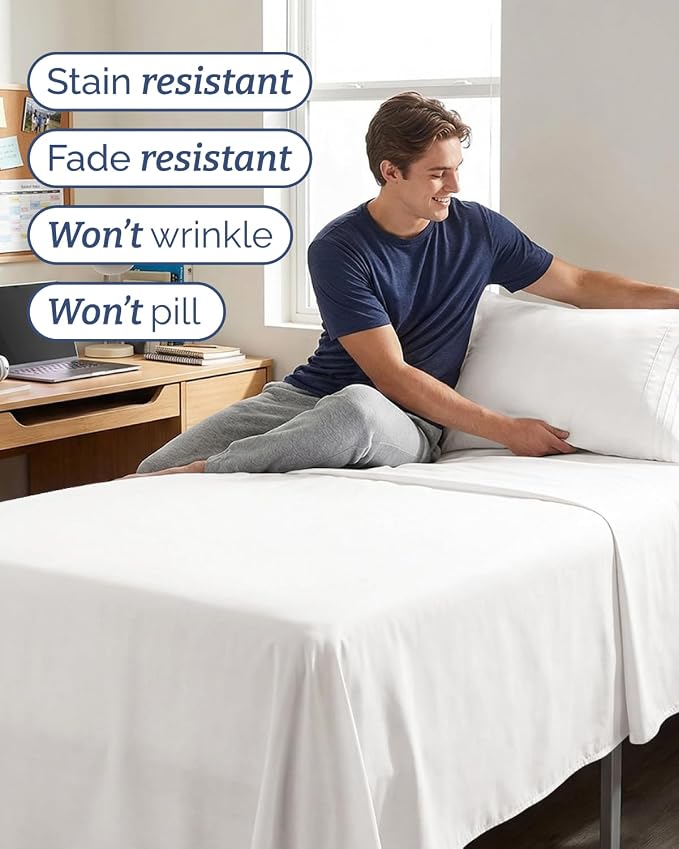 Twin XL 4 Piece Sheet Set - College Dorm Room Essentials - Antique White | Ultra Soft Dorm Bedding Set, 8" to 16" Inch Deep Pockets, 1 Flat & 1 Fitted Sheet & 2 Pillowcases, Wrinkle & Fade Free