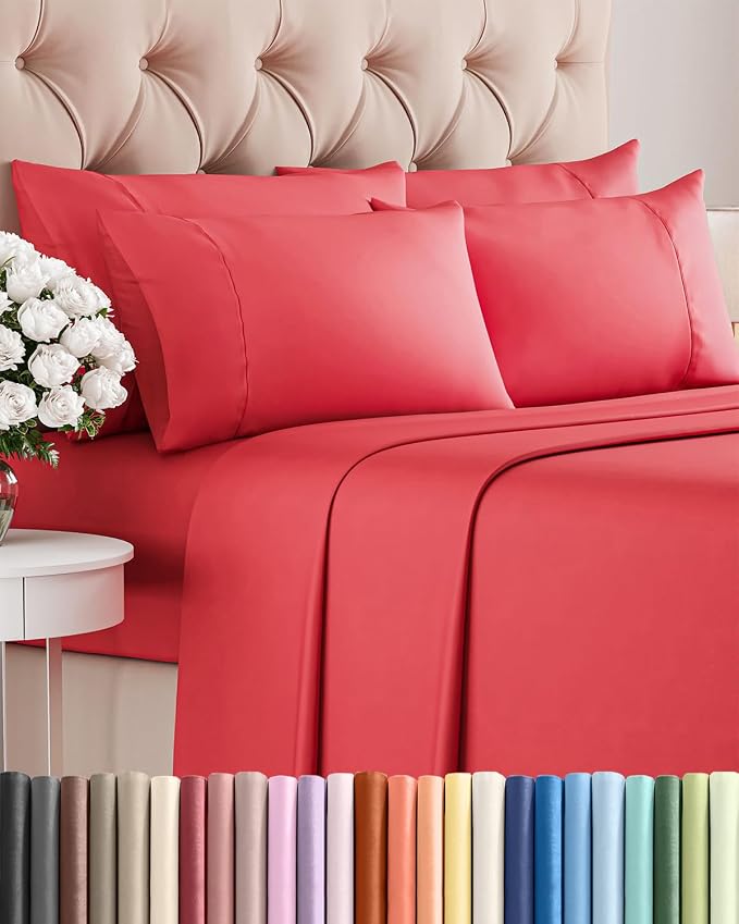 Queen 6 Piece Bed Sheet Set - Comfy, Breathable & Cooling Sheets - Red | Ultra-Soft Hotel Luxury Bedding Set w/ 8-16 Inch Deep Pockets, 1 Flat & 1 Fitted Sheet & 4 Pillowcases, Wrinkle & Fade Free