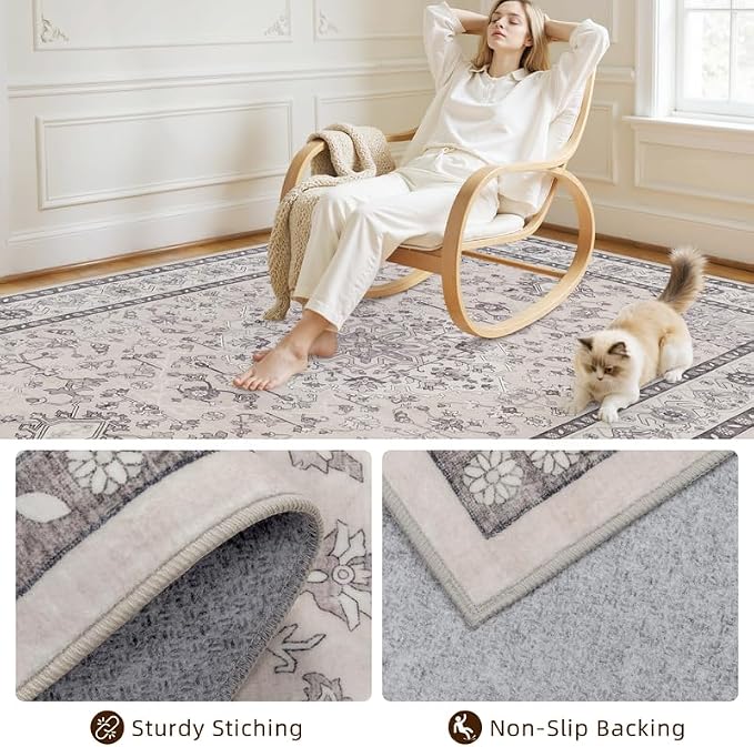8x10 Area Rugs Living Room: Bedroom Washable Carpet Beige & Grey | Large Vintage Boho Indoor Decor Neutral Soft Nursery Farmhouse Dining Room Office Floor Non-Slip Low Pile Under Table Rug