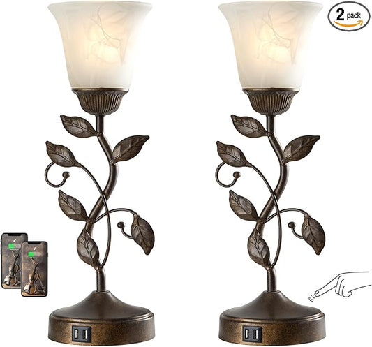 Set of 2 Touch Farmhouse Bedroom Table Lamps 2 USB C+A | Nightstand Vintage Flower Lamps, 3 Way Dimmable Leaf Lamp for Living Room with White Glass Shades, Bulbs Included