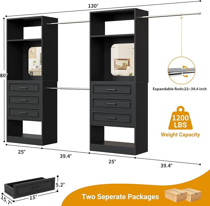 Unikito 6-14FT Wood Closet System with 6 Drawers and Mirror, Black | Sturdy walk-in organizer wardrobe for clothing, clothes rack with 3 hanging rods, freestanding garment storage tower.
