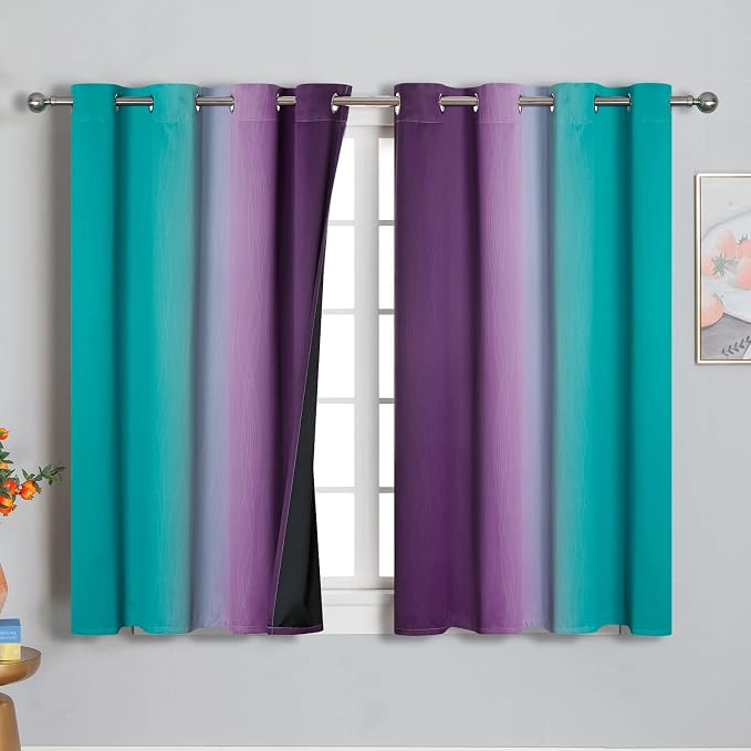 Ombre Teal and Purple Blackout Curtains for Kids Bedroom | Room Darkening Thermal Insulated Gradient Curtains, Full Light Blocking Grommet Drapes for Living Room,52Wx45L Inch, 2 Panels