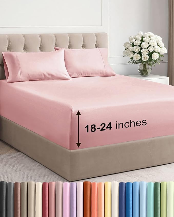 Extra Deep Full Sheet Set - 4 Piece Breathable & Cooling Sheets - Baby Pink | Easily Fits 18 to 24 inch Mattress - Ultra Soft, Wrinkle & Fade Free with Extra Deep Pockets - Comfy Hotel Luxury Bedding