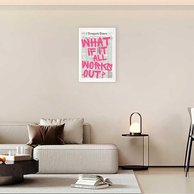 Drimiler Retro Newspaper Pink Font Poster What If It All Works Out Canvas Wall Art Positive Affirming Quote Minimalist Prints Painting For Home Bedroom Dorm Wall Decor 8x12in Unframed