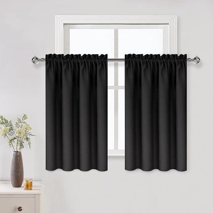 DWCN Short Blackout Curtains 52 x 36 Inch Long for Kitchen RV Bunk Black | 2 Panels Set, Kitchen Window Curtains Over Sink, Thermal Insulated, Light Blocking, Rod Pocket Drapes for Small Window