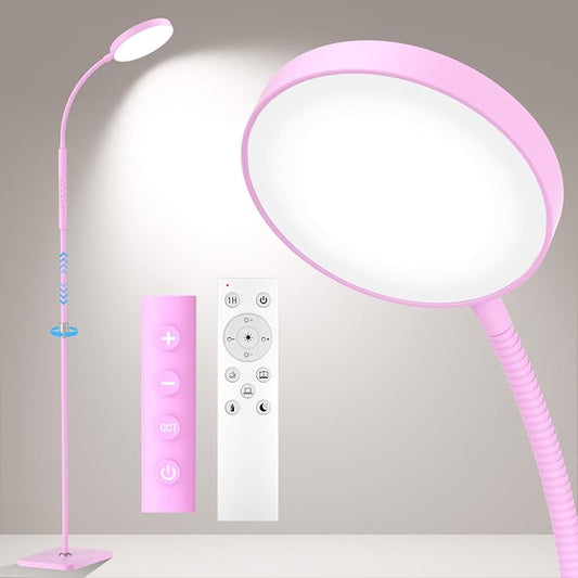 PACOVY Floor Lamp, Adjustable Height Floor Lamps for Living Room Bedroom, 120 LED Super Bright Standing Lamp Remote Control Dimmable Gooseneck Tall Stand Reading Lamp for Office Craft, Pink
