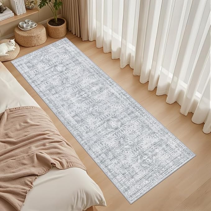 2'6''x8' Hallway Washable Runner Rug: Neutral Kitchen Carpet Gray | Vintage Boho Soft Small Indoor Decor Floor Non-Slip Low Pile Neutral Farmhouse Entryway Laundry Bathroom Bedroom Beside Rugs