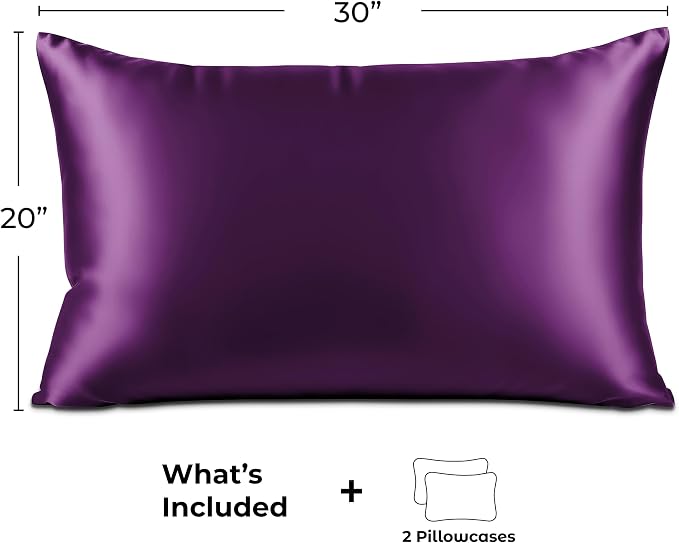 Pure Bedding Satin Pillowcase 2 Pack - Queen Size (20"x30", Purple) - Silky Pillow Cases for Hair and Skin - Satin Pillow Covers with Envelope Closure - Extra Soft Premium Microfiber