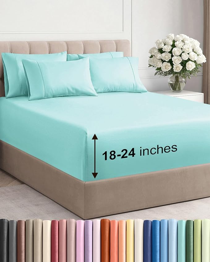 Extra Deep King Sheet Set - 6 Piece Breathable & Cooling Sheets - Spa Blue | Hotel Luxury Bed Sheets Set, Easy & Secure Fit, Ultra-Soft, Wrinkle & Fade Free, Comfy Sheets Set with Extra Deep Pockets