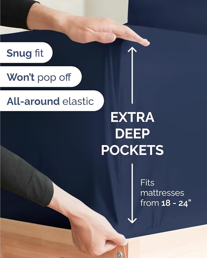 Extra Deep Flex Top Split Head King Sheet Set - 6 Piece Breathable and Cooling Sheets - Hotel Luxury Bedding for Women, Men, Kids & Teens - Easy Secure Fit - Extra Deep Pockets - Navy Blue