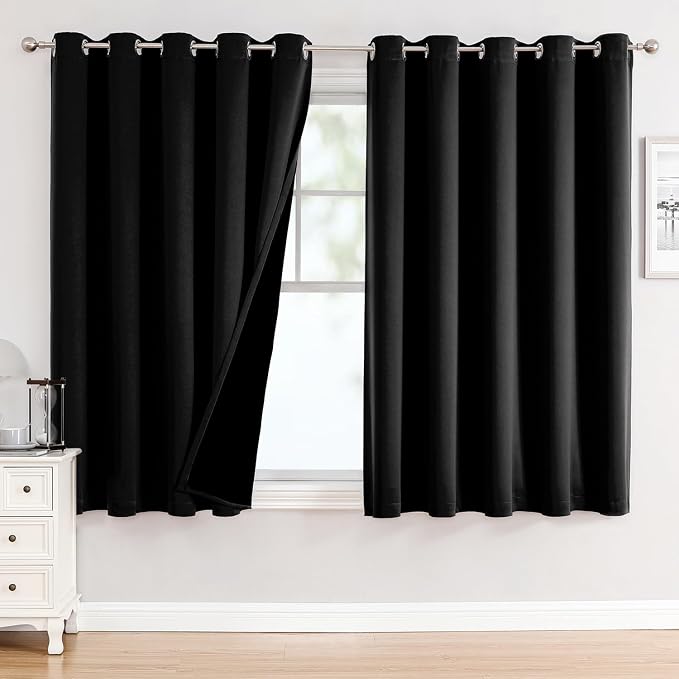 ChrisDowa 100% Blackout Curtains for Bedroom 63 Inches Long 2 Panels Set | 2 Thick Layers, Thermal Insulated, Light Blocking, Grommet, Window Treatment, Living Room Drapes, Black, 60 x 63 Inch