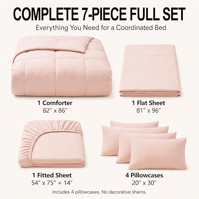 Full Size Comforter Sets Blush Pink - 7 Pieces Bed in a Bag | OEKO-TEX Certified, All-Season, Bedroom, Guest Room, Down-Alternative Comforter + Flat & Fitted Sheets + 4 Pillowcases