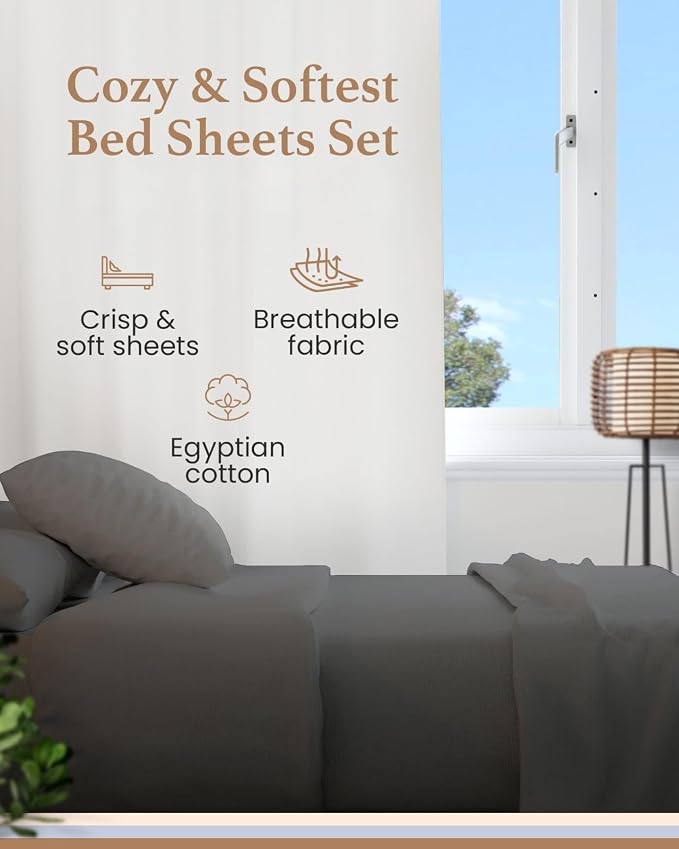 Good Sleep Bedding 100% Egyptian Cotton Sheets Queen Size, 4 Piece Silky Sateen Weave Queen Bed Sheets, Ultra-Soft & Durable Hotel Luxury, 16 Inch Deep Pocket Queen Sheets - Dark Gray