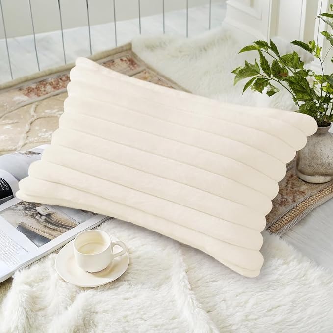 decorUhome Fall Faux Fur Throw Pillow Covers 12x20 Set of 2 Cream White | Decorative Soft Cozy Striped Plush Modern Farmhouse Boho Couch Pillow Cases Velvet Back for Sofa Bed Living Room Home Decor