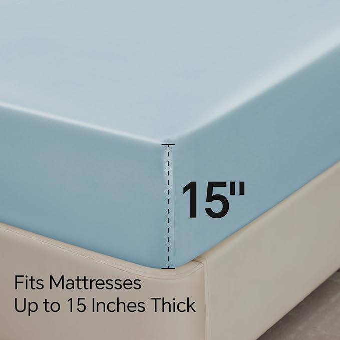BEDELITE Satin Sheets King Size Bed Set, Light Blue, 4 Pieces | Luxury Silky Bed Sheets, 15 Inch Deep Pocket, Similar to Silk, Soft and Cooling, Reduces Friction, Gentle on Hair and Skin