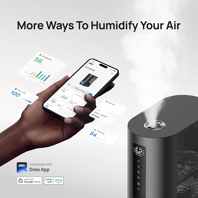 DREO 6L Smart Humidifiers for Bedroom, Warm & Cool Mist for Large Room | 60-Hour Quiet Runtime, 500ML/H Output, Smart Humidity Sensor, Indicator Light, App Control, Works with Alexa & Google, Black
