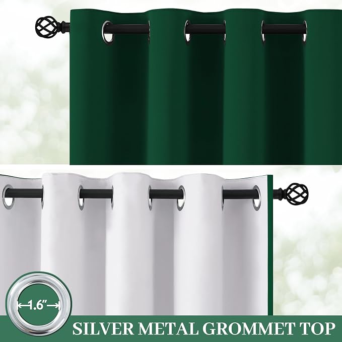 Yakamok Dark Green 100% Blackout Curtains 84 Inches Long 50" Wide 2 Panels | Blackout Curtain Panels for Bedroom, 2 Thick Layers Grommet Top Thermal Insulated Drapes with White Back for Living Room