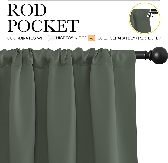NICETOWN Dark Mallard Blackout Curtains for Kid's Room 42" x 36" 2 Panels | All Season Thermal Insulated Solid Rod Pocket Top Drapes for Bedroom Living Room Kitchen, Light Blocking Noise Reducing Decor