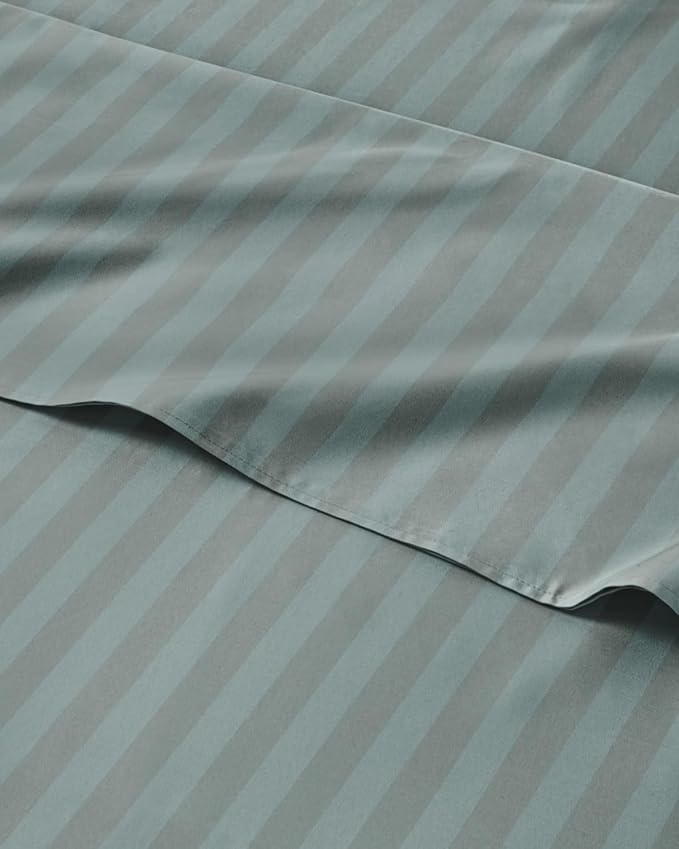 Queen 4 Piece Striped Sheet Set - Breathable & Cooling - Greeny Stripes | 1 Flat, 1 Fitted & 2 Pillowcases w/ Deep Pockets, Luxury Striped Bedding, Soft, Breathable & Cooling, Wrinkle & Fade Free