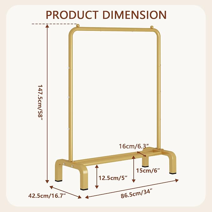 JIUYOTREE Garment Rack Clothing Clothes Rack for Clothes Organizing Gold | Standard Metal 34 Inches Garment Rack with Bottom Shelf for Hanging Clothes Coats Jackets Shirts Sweaters Jeans Gold